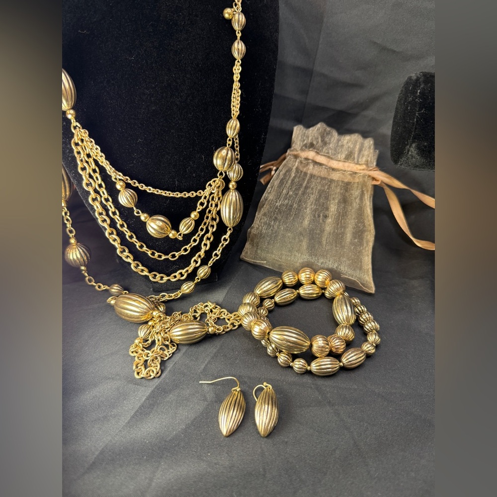 Chico’s Bundle Gold Bead Necklace, Bracelets, Earring Set